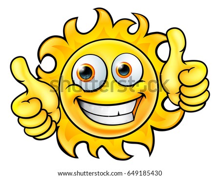 A sun cartoon character mascot smiling and giving a thumbs up