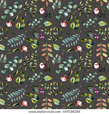 Seamless pattern with watercolor eucalyptus branches, pink peony flowers buds and green plants, hand drawn on a dark background