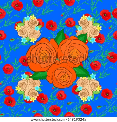 Seamless background pattern with decorative rose flowers and green leaves on a blue background.