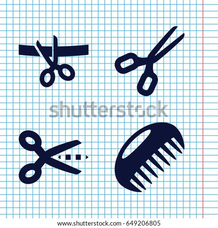 Set of 4 scissor filled icons such as comb, scissors and ribbon