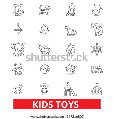 Kids toys, playing, baby toy, children toy, kids room, teddy bear, yule, pirate line icons. Editable strokes. Flat design vector illustration symbol concept. Linear signs isolated on white background