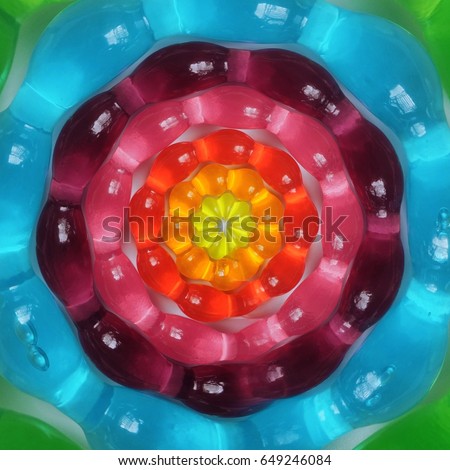 The picture  of row  jelly stick that converted to  circle., Color of  jelly stick  , circle row of jelly stick in rainbow color with flare light on white background  