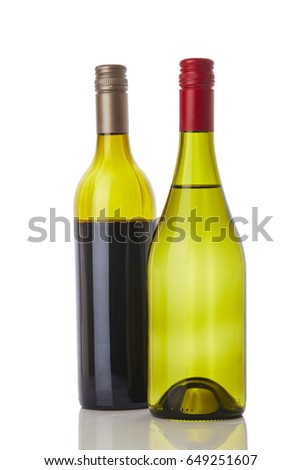 Bottles of white red and wine on white background
