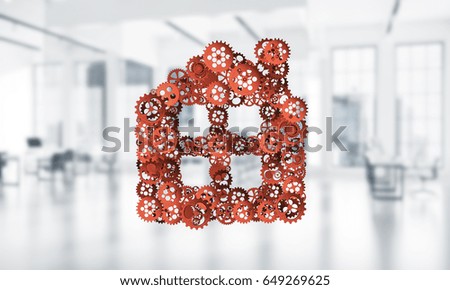 Conceptual background image with house sign made of connected gears. 3d rendering