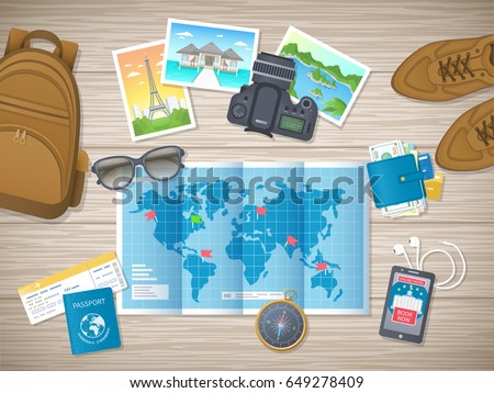 Preparing for vacation, travel, journey. Travel planning. Booking hotel. Wooden table with shoes, world map, photos, air ticket, passport, luggage, wallet, camera, compass, headphones. Vector top view