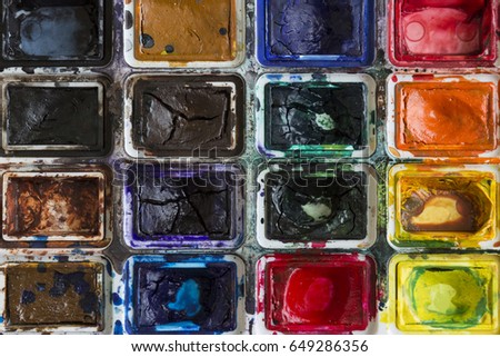 The palette of watercolor paints.
