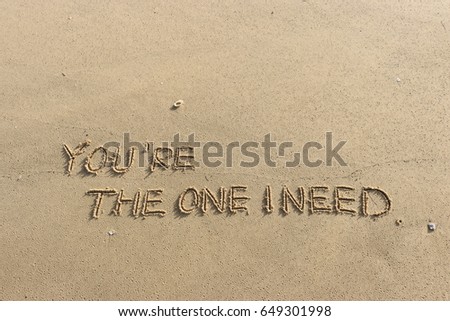 Handwriting  words "YOU'RE THE ONE I NEED" on sand of beach.