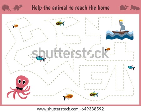 Cartoon illustration of education. Matching game for preschool kids trace the path of a big octopus in the sea to eat all the fish. Education and games. Learn handwriting. illustration
