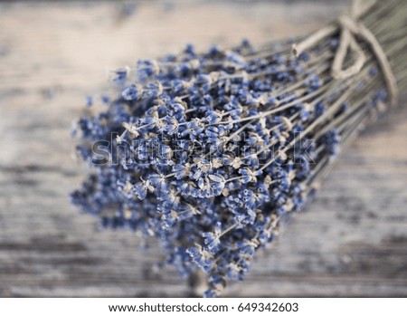 Bouquet of dried lavender on an old painted wooden background close up