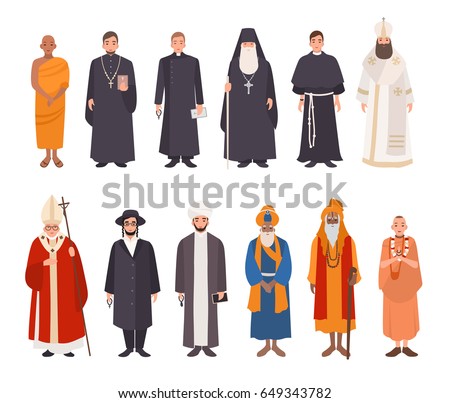 Set of religion people. Different characters collection: buddhist monk, christian priests,  patriarchs, rabbi judaist, muslim mullah, sikh, hindu leader, krishnaite. Colorful vector illustration. Royalty-Free Stock Photo #649343782