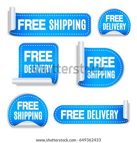 Set of free shipping and free delivery blue labels or stickers