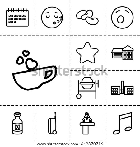 Clipart icon. set of 13 outline cliparticons such as airport desk, bean, star, concrete mixer, milk, calendar, cup with heart, suitcase, yawn emot, sleeping emot, school