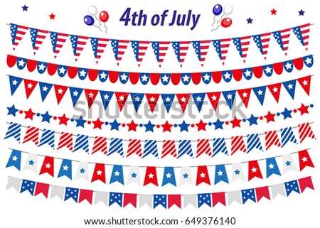 American Independence Day, celebration in USA, set bunting, flags, garland. Collection of decorative elements for July 4th  national holiday. Vector illustration, clip art