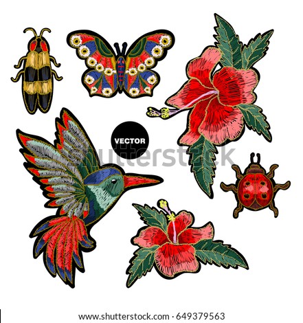 Embroidery hummingbird, hibiscus flowers, butterfly and ladybug. Vector illustration with colibri bird and flowers.