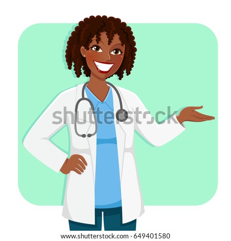 Black female doctor smiling and making a gesture of presentation