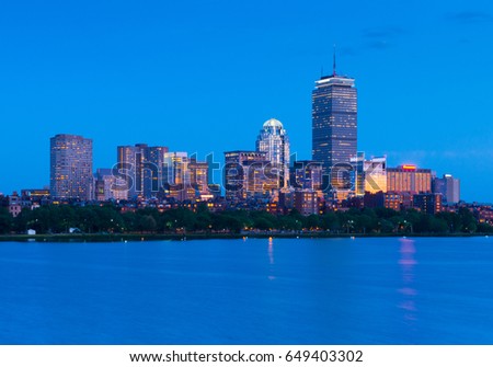 Boston skyline at night. Illuminated buildings in Back Bay. Massachusetts, USA