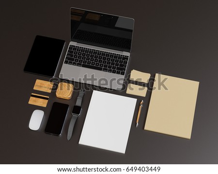 Branding Mock up. Office supplies, Gadgets. 3D illustration. High quality