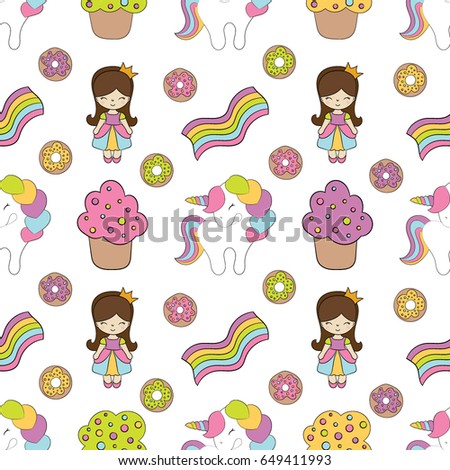 Seamless baby pattern with cute unicorn, princess, cupcake, rainbow, donut. Best Choice for cards, invitations, printing, party packs, blog backgrounds, paper craft, party invitations, scrapbooking.