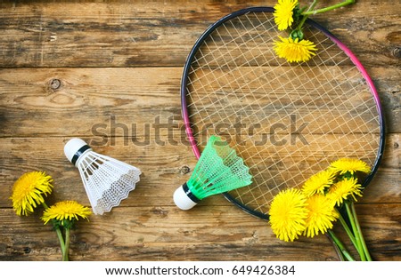 Racket badminton and two shuttlecock on a wooden table, dandelions, summer sport, vacation concept.