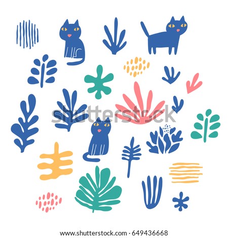 Funny hand drawn cats and leaves. Animals vector illustration with adorable kittens.