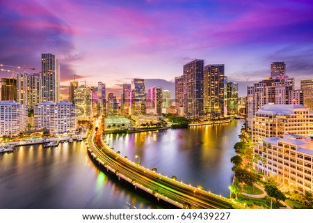 Miami, Florida, USA skyline on Biscayne Bay.