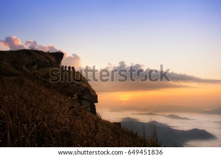 mountain and cliff with fog on sunrise at phucheefah, chiang rai province, thailand, Night Hours Campsite. Landscape, Recreation and Outdoor Photo Collection.