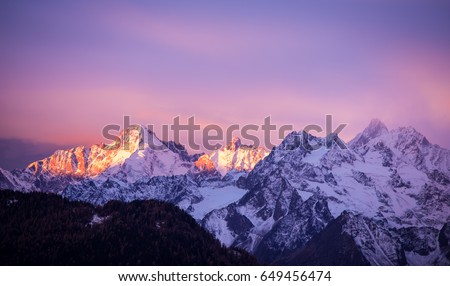 The Pink Light: the Sun Highlighting the Pics with some Pink and Blue tones, Verbier, Alps, Canton du Valais, Wallis, Switzerland