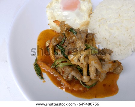 Stir Fried chicken with Roasted Chili Paste with rice and fired egg in white plate.