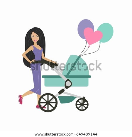 Mom and stylish stroller and balloons