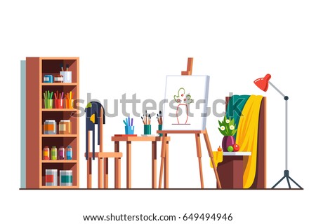Modern painter artist workshop room with canvas, easel, paints, brushes, table, chair, standard lamp and wooden cupboard. Art drawing design studio furniture. Flat style vector isolated illustration.