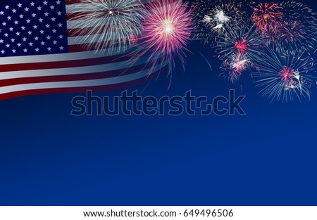 4th July background of US flag and fireworks in twilight time