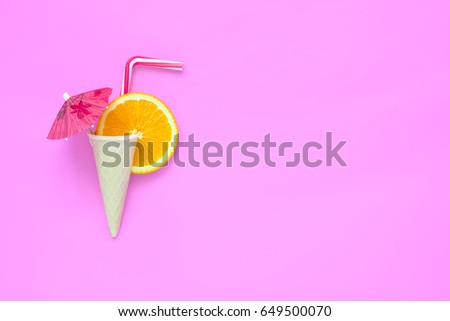 Orange lemonade or some other drink or cocktail creative concept, beach party invitation card template, flat lay, space for a text Royalty-Free Stock Photo #649500070
