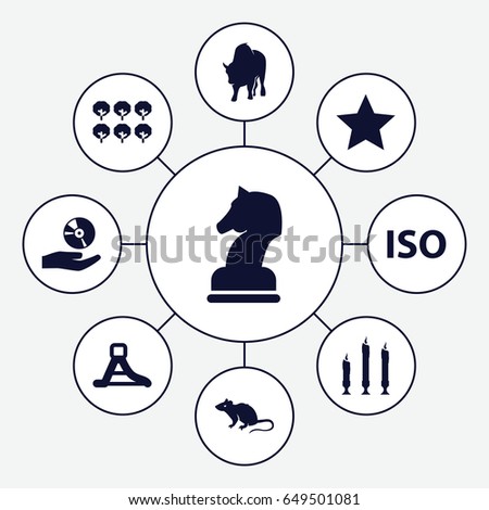 Logo icons set. set of 9 logo filled icons such as tree, mouse, buffalo, cd on hand, candle, waterslide, iso, horse chess