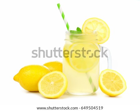 Mason jar glass of lemonade with lemons and straw isolated on a white background Royalty-Free Stock Photo #649504519