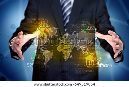 An elegant analytics person holding map of the world in its hand with numbers, statistics in front of blue background concept