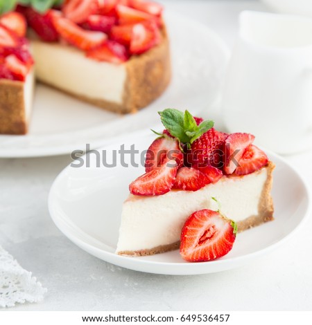 slice of strawberry cheesecake on white background, selective focus, square image Royalty-Free Stock Photo #649536457