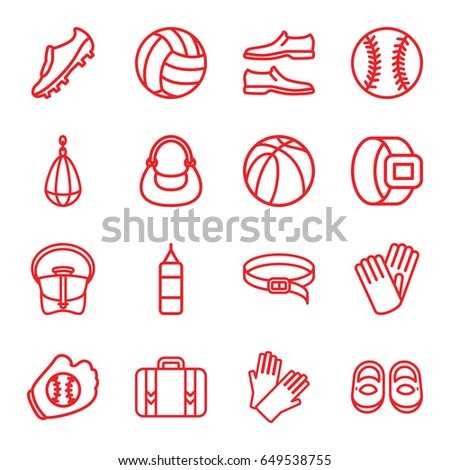 Leather icons set. set of 16 leather outline icons such as baby shoes, gloves, man shoe, bag, belt, basketball, luggage, soccer trainers, baseball glove, baseball, volleyball