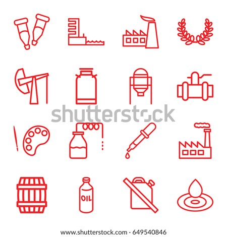 Oil icons set. set of 16 oil outline icons such as canister, tank, barrel, pipette, water drop, factory, pump, harbor, olive wreath