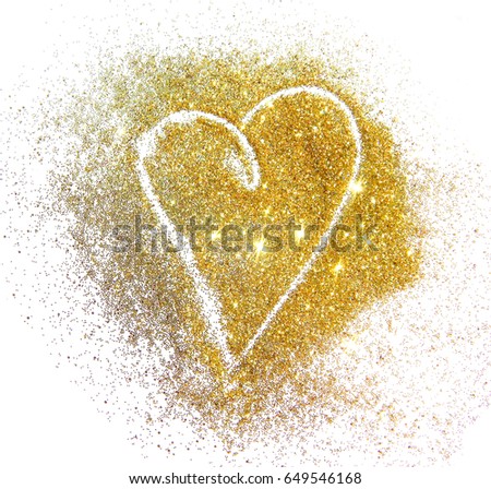Abstract heart of golden glitter sparkles on white background
