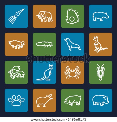 Wildlife icons set. set of 16 wildlife outline icons such as hippopotamus, crab, elephant, buffalo, cangaroo, pig, fish, seal, caterpillar, paw