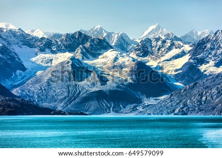 Glacier Bay cruise - Alaska nature landscape. Glacier Bay National Park in Alaska, USA. Scenic view from cruise ship vacation Alaska travel showing mountain peaks and glaciers. Royalty-Free Stock Photo #649579099
