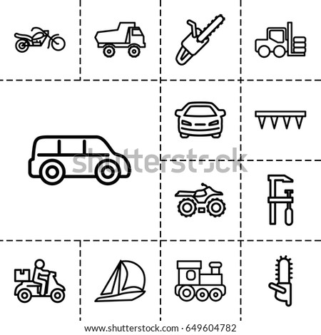 Motor icon. set of 13 outline motor icons such as forklift, train toy, toy car, car, chainsaw, plowing tool, chain saw, motorcycle, delivery bike