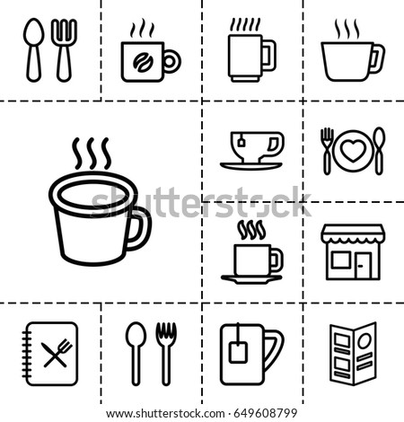 Cafe icon. set of 13 outline cafe icons such as fork and spoon, tea cup, plate with spoon and fork, cup, menu, coffee, store, mug