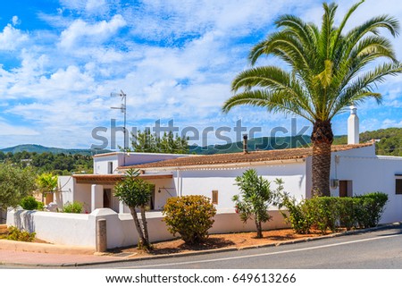 Typical white house with palm tree on side of a road in Sant Carles de Peralta village, Ibiza island, Spain