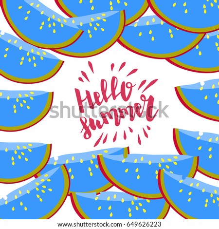 Hello summer time lettering comic text font in speech bubble. Tropical juice red fruit watermelon. Colored vector illustration. Funny web fresh eco bio party frame poster.