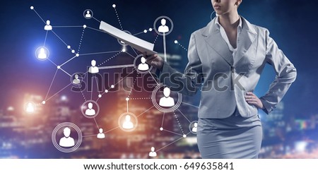 Close of businesswoman holding papers in hand and connection lines at background