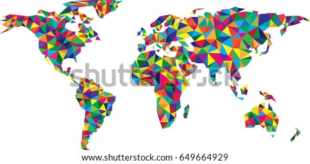 Colorful mosaic geometric abstract world map. Vector paper illustration. 