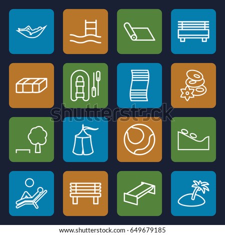 Relaxation icons set. set of 16 relaxation outline icons such as garden bench, woman in hammock, spa stone, spa stones, bench, man laying in the sun, island, tent