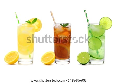 Three glasses of summer lemonade, iced tea, and limeade drinks with straws isolated on a white background Royalty-Free Stock Photo #649685608