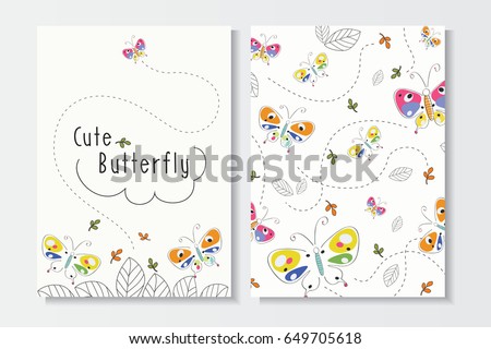 Set of Cute Summer Card Template.Colorful  Hand Drawn Butterfly and Leaf  Vector Patterns for Backgrounds and Brochures.